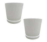 Relaxdays Planter, Set of 2, Pot with Saucer, Ribbed Design, H x D: 20 x 20 cm, Herb Pot, Plastic, White