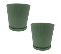 Relaxdays Planter, Set of 2, Pot with Saucer, Ribbed, H x D: 20 x 20 cm, Herb Pot, Plastic, Sage