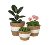 Relaxdays Planter, Set of 3, Reed, Plant Pots with Liner, 3 Sizes, Boho Style, Round Plant Covers, White/Brown
