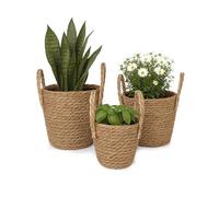 Relaxdays Planter, Set of 3, Reed, Plant Pots with Liner & Handles, 3 Sizes, Boho Style, Round Pots, Natural