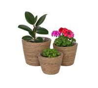Relaxdays Planter, Set of 3, Reed, Pots with Liner, 3 Sizes, Boho Style, Round Plant Covers, Natural