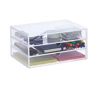 Relaxdays Plastic Organiser Box, Three Drawers, Acrylic, Storage, Compartments, HxWxD: 11.5x23.5x16.5 cm, Transparent