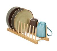 Relaxdays Plate Rack, for 10, Pan Lid & Chopping Board Holder, Dish Drainer Stand for The Sink, Bamboo, Natural, 12 x 12.5 x 40 cm