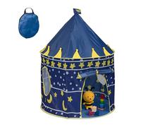 Relaxdays Play Tent Moon & Stars, for Children, Indoor, HWD: 135 x 100 x 100 cm, with Hook & Loop Fastener, Blue/Yellow, Polyester