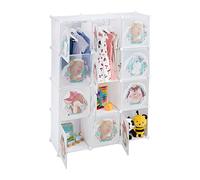 Relaxdays Plug-in Shelving Unit for Kids, 2 Clothes Rods, Doors with Animals, HxWxD: 145x110x37 cm, DIY Wardrobe, White