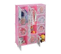 Relaxdays Plug-in Shelving Unit for Kids, 2 Clothes Rods, Doors with Animals, HxWxD: 145x110x37 cm, DIY Wardrobe, Pink