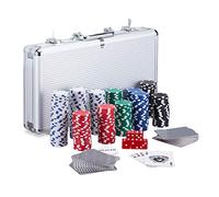 Relaxdays Poker Case, 300 Laser Poker Chips, 2 Card Decks, 5 Dice, Dealer Button, Lockable Aluminium Case, Silver