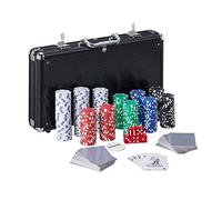 Relaxdays Poker Set, 300x Chips, 2 Card Decks, 5 Dice, Dealer Counter, Travel Case, Professional, Casino Night, Black