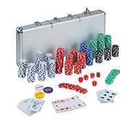Relaxdays Poker Set, 500x Chips, 2 Card Decks, 5 Dice, Dealer Counter, Travel Case, Aluminium, Casino Night, Silver