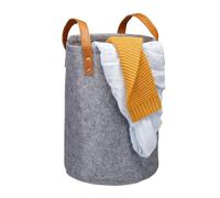 Relaxdays Felt Laundry Hamper, PU-Leather Handles, 28 L Storage Basket, Bathroom, HxD 45x30 cm, Anthracite, 45 x 30 x 30 cm