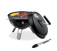 Relaxdays Portable Kettle Barbecue, Ø 37 cm, Round Charcoal Grill, for Garden & Picnics, BBQ with Lid & Tongs, Black, Steel, Nylon, Stainless steel