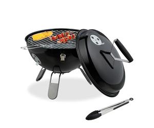 Relaxdays Portable Kettle Barbecue, Ø 37 cm, Round Charcoal Grill, for Garden & Picnics, BBQ with Lid & Tongs, Black