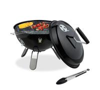 Relaxdays Portable Kettle Barbecue, Ø 37 cm, Round Charcoal Grill, for Garden & Picnics, BBQ with Lid & Tongs, Black, Steel, Nylon, Stainless steel