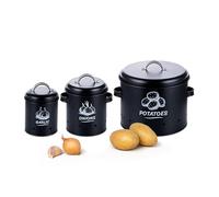 Relaxdays Potato Storage Box, Garlic, Set of 3, with Lid & Holes, Metal, Onion Pot, Black, Steel, iron