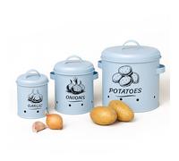 Relaxdays Potato Storage Box, Garlic, Set of 3, with Lid & Holes, Metal, Onion Pot, Light Blue, Steel, iron, lightblue