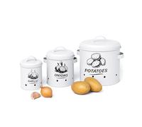 Relaxdays Potato Storage Box, Garlic, Set of 3, with Lid & Holes, Metal, Onion Pot, White, Steel, iron