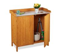 Relaxdays Potting Bench with Cupboard, Wood, Pewter Top, 94 x 94 x 47 cm, Garden Planting & Germination Table, Orange