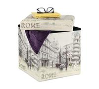 Relaxdays Pouffe with Storage Space, Padded Stool, Vintage Rome Design, Foldable, 38 x 37.5 x 37.5 cm, White & Pattern, Fibreboard