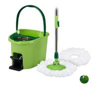 Relaxdays Power Mop Profi with Bucket, Foot Pedal, Stainless Steel Wringing Mechanism, Telescopic Rod, 2 Heads, Green/Silver, HWD 28x44x29 cm
