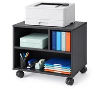 Relaxdays Printer Stand, 3 Compartments, Mobile, 4 Castors & Brakes, Black | for the office, printer trolleys, fibreboard