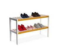 Relaxdays Rack, HxWxD: 33 x 70 x 26 cm, Bamboo, 2 Tiers, Holds 6 Pairs, Slim Shoe Storage, Natural/White, 33 cm x 70 cm x 26 cm