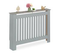 Relaxdays Radiator Cover, Slatted Design, HWD: 83x112x19 cm, Wood Effect Shelf, Central Heating Cladding, MDF, Grey