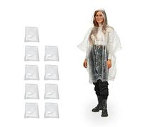 Relaxdays Poncho Set of 10, Single-Use Raincoat for Adults, Unisex Rain Protection Cape, PE, Transparent, H x W (Without Hood): app. 95 x 120 cm