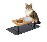 Relaxdays Raised Cat Bowl, Double Feeding Bowl, 600 ml Each, Ceramic, Dishwasher Safe, Bamboo Bowl, Natural/White