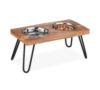 Relaxdays Raised Dog Set, Double Dishes, 2 Stainless Steel Water Bowls, Feeder Stand, Acacia Wood, 1200ml, Brown, 23 x 49.5 x 25 cm
