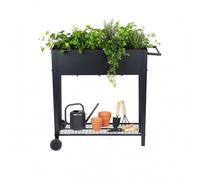 Relaxdays raised planter, shelf, wheels, garden, balcony & terrace, HxWxD: 80 x 85 x 50 cm, mobile table planter, black