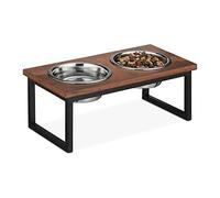Relaxdays raised set, double dog dishes, 2 stainless steel water bowls, high feeder stand, cats, 1000ml, nature, Wood, 16.5 x 42 x 21 cm