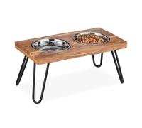 Relaxdays Raised Dog Set, Double Dishes, 2 Stainless Steel Water Bowls, Feeder Stand, Acacia Wood, 1200ml, Brown, 23 x 49.5 x 25 cm