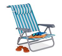 Relaxdays reclining beach chair, sun lounger, headrest, adjustable, folding, armrest & bottle opener, blue/white, modern, Steel, 1 item