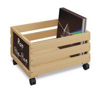 Relaxdays Record Crate, Bamboo, with Wheels, Holds 50-80 LPs, HWD: 27 x 43 x 34 cm, Vinyl Storage Box, Natural/Black, Fibreboard, Iron
