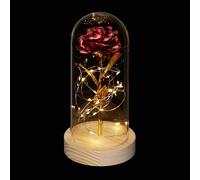 Relaxdays Red Rose, Glass Dome with LED Lights, Artificial Flower, Everlasting, Romantic Valentine's Gift, Gold Stem, 22 x 11 x 11 cm