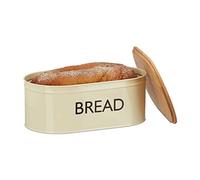 Relaxdays Retro XL Bread Bin with Bamboo Lid, Beige/Natural | Round bread box with BREAD lettering, HWD: 14 x 36 x 20 cm