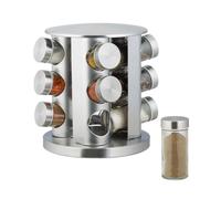 Relaxdays Spice Rack with 12-Piece Shaker Set, Stainless Steel, Revolving, Modern Design, Dishwasher-Safe, Silver