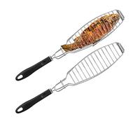 Relaxdays Roaster Set of 2, Stainless Steel, Rubber Handle, 58.5 cm Long, Holder, Grill Basket Fish, Silver, 2.5 x 58.5 x 10.5 cm