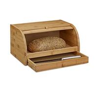 Relaxdays Box with Drawer, Bamboo, Aroma-Preserving, Bread Bin with Rolling Lid, Size: 21 x 40 x 28 cm, Wood, Natural, 21 x 40.5 x 28 cm