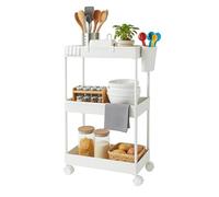 Relaxdays rolling cart, 3 tiers, serving cart, kitchen cart, bathroom & office, mobile shelf, HWD: 62.5x40x22 cm, white