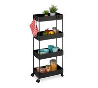 Relaxdays Rolling Cart, 4 Tiers, HxWxD: 93 x 40 x 22 cm, 4 Wheels, Bathroom & Kitchen, Slim Storage Trolley, Black, 80% Plastic