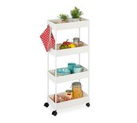 Relaxdays Rolling Cart, 4 Tiers, HxWxD: 93 x 40 x 22 cm, 4 Wheels, Bathroom & Kitchen, Slim Storage Trolley, White, 20% Stainless steel