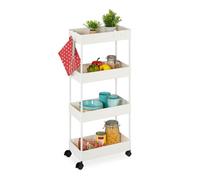 Relaxdays Rolling Cart, 4 Tiers, HxWxD: 93 x 40 x 22 cm, 4 Wheels, Bathroom & Kitchen, Slim Storage Trolley, White, 20% Stainless steel