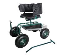 Relaxdays rolling garden seat, adjustable height, 150kg, storage, steering handles, cushion & backrest, green