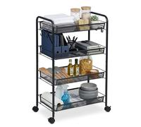 Relaxdays Rolling Trolley with 4 Mesh Shelves, Steel, Black, 84x44.5x26 cm for Kitchen, Bathroom & Office