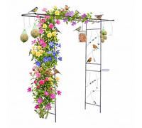 Relaxdays Rose Arch Bird Haven, trellis, bird bath, feeders, HxWxD: 208 x 210 x 50 cm, metal, black