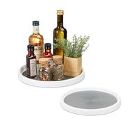 Relaxdays Rotating Fridge Organiser, 2X Set, Multipurpose Storage Tray, Plastic Container, Ø 25 and 30 cm, White/Grey, 20% 80%, 3.5 x 30 x 30 cm