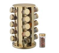Relaxdays Spice Rack, 20 Glass Jars, Rotatable, Stainless Steel, H x D: Approx. 33.5 x 23 cm, Gold