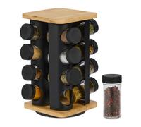 Relaxdays Spice Carousel, 16 Jars, 360° Rotating, Stainless Steel, Bamboo, Glass, HxWxD: 28 x 20 x 20 cm, Black/Natural