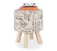 Relaxdays Round Ottoman, Padded Stool for Living Room, Small Decorative Footrest, Wooden Legs, HxØ: 38x32 cm, Creme, Cardboard
